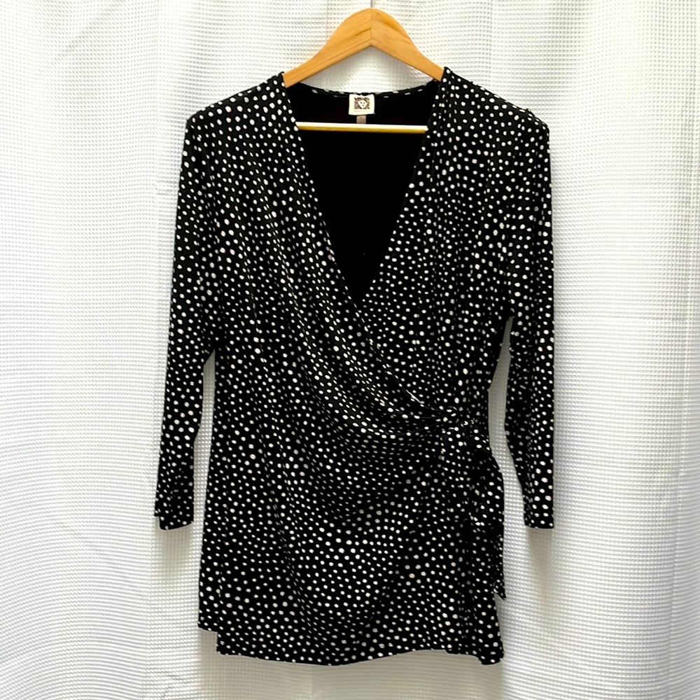 Black w/white stylized polka dots wrap-style 3/4 sleeve blouse by Anne Klein